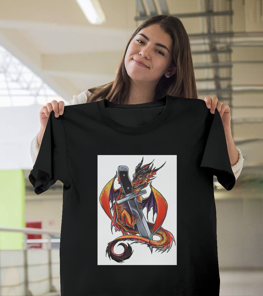 Forge Dragon with Sword Embrace Fantasy T-Shirt