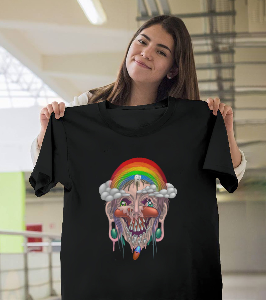 Glitter And Decay Melting Face with Rainbow and Clouds T-Shirt