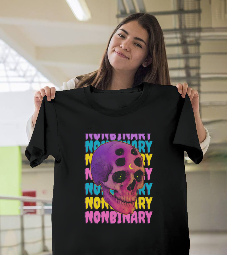 Nonbinary Skull with Colorful Text and Crescent Moon on Forehead T-Shirt