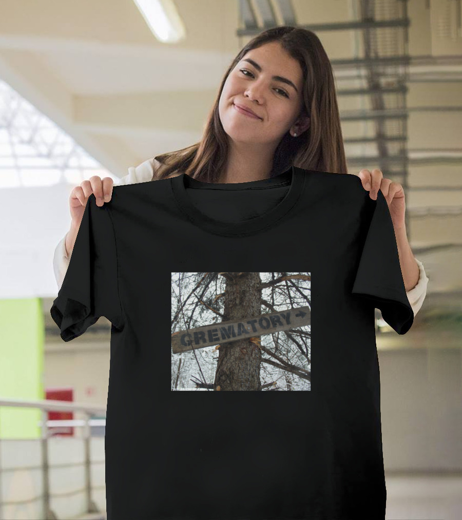 Crematory Sign Post Amidst Spooky Forest Backdrop T-Shirt
