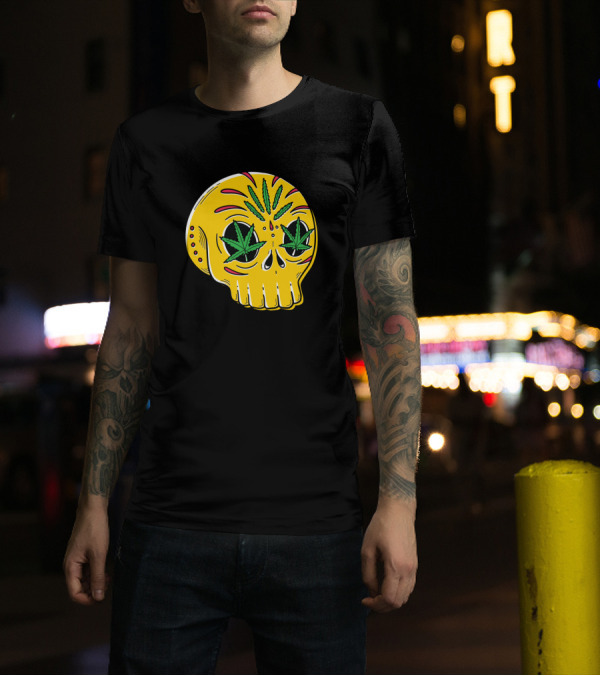 Yellow Skull With Marijuana Leaves Eyes Tattoo T-Shirt