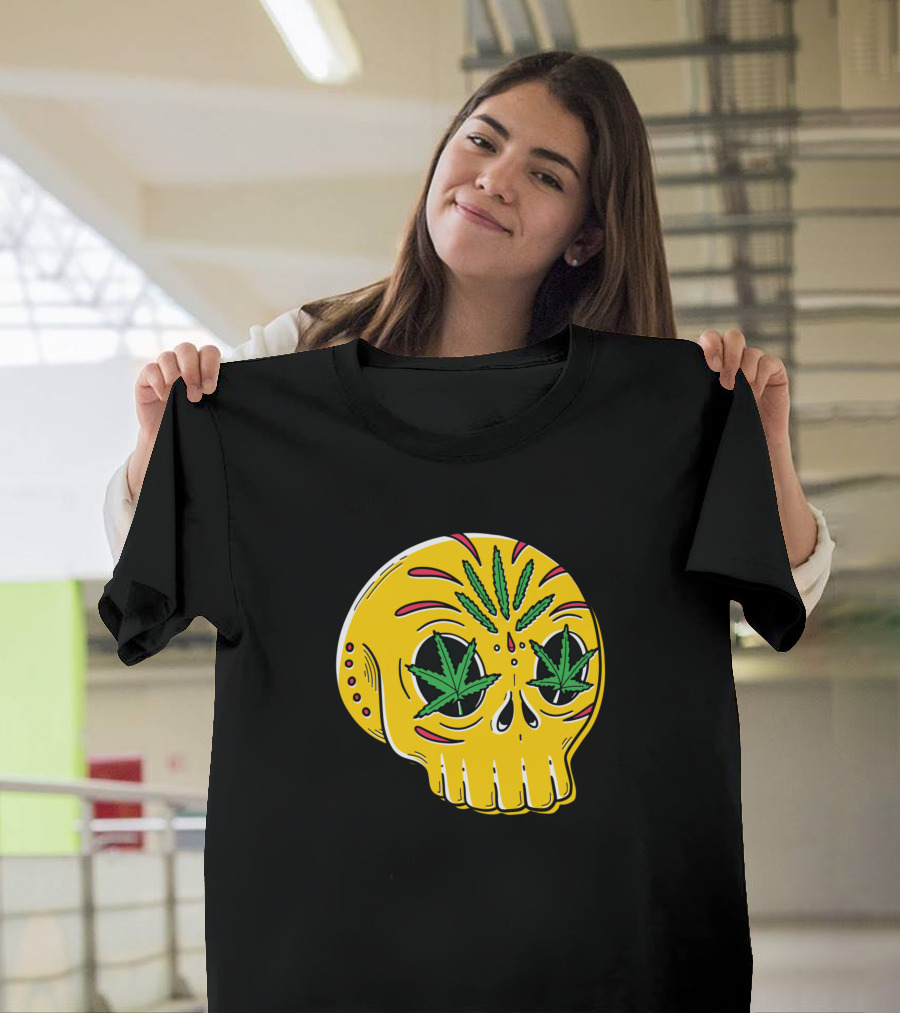 Yellow Skull with Marijuana Leaves Eyes Tattoo T-Shirt