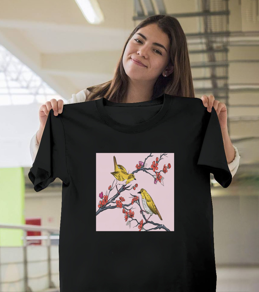 Botanical Asian Birds with Floral Blossoms T-Shirt