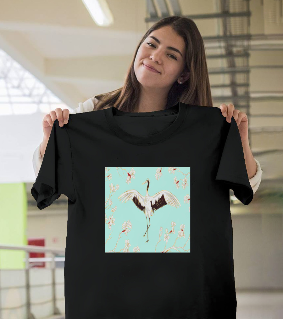 Birds and Floral Watercolor Botanical Pattern on Mint Background T-Shirt