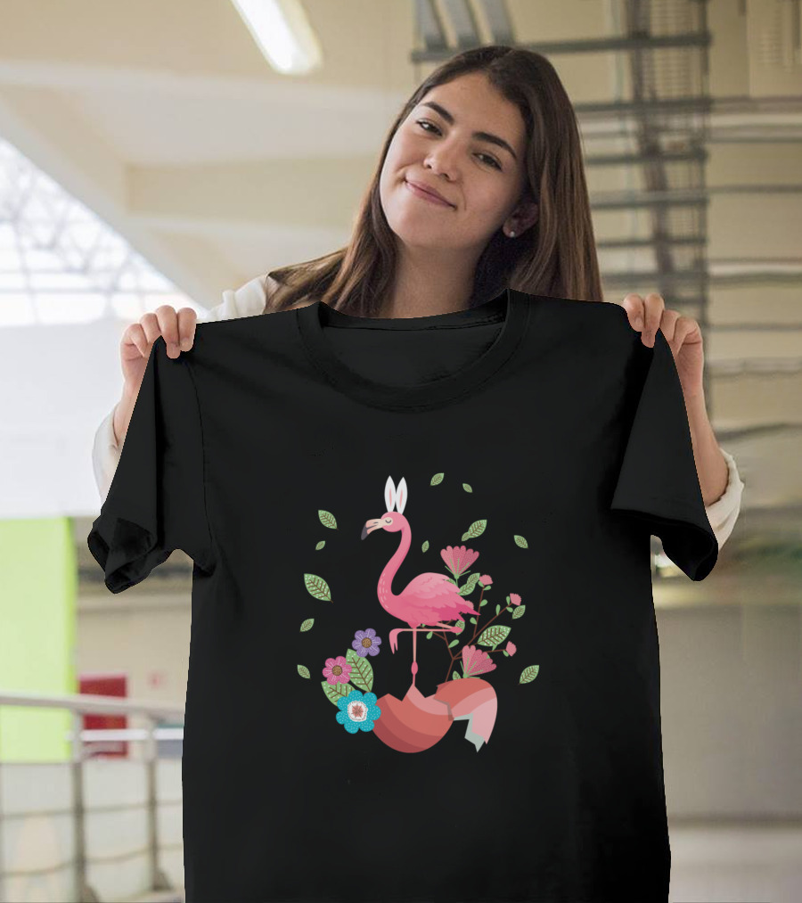 Flamingo Bunny Easter Day Fun with Flowers and Love T-Shirt