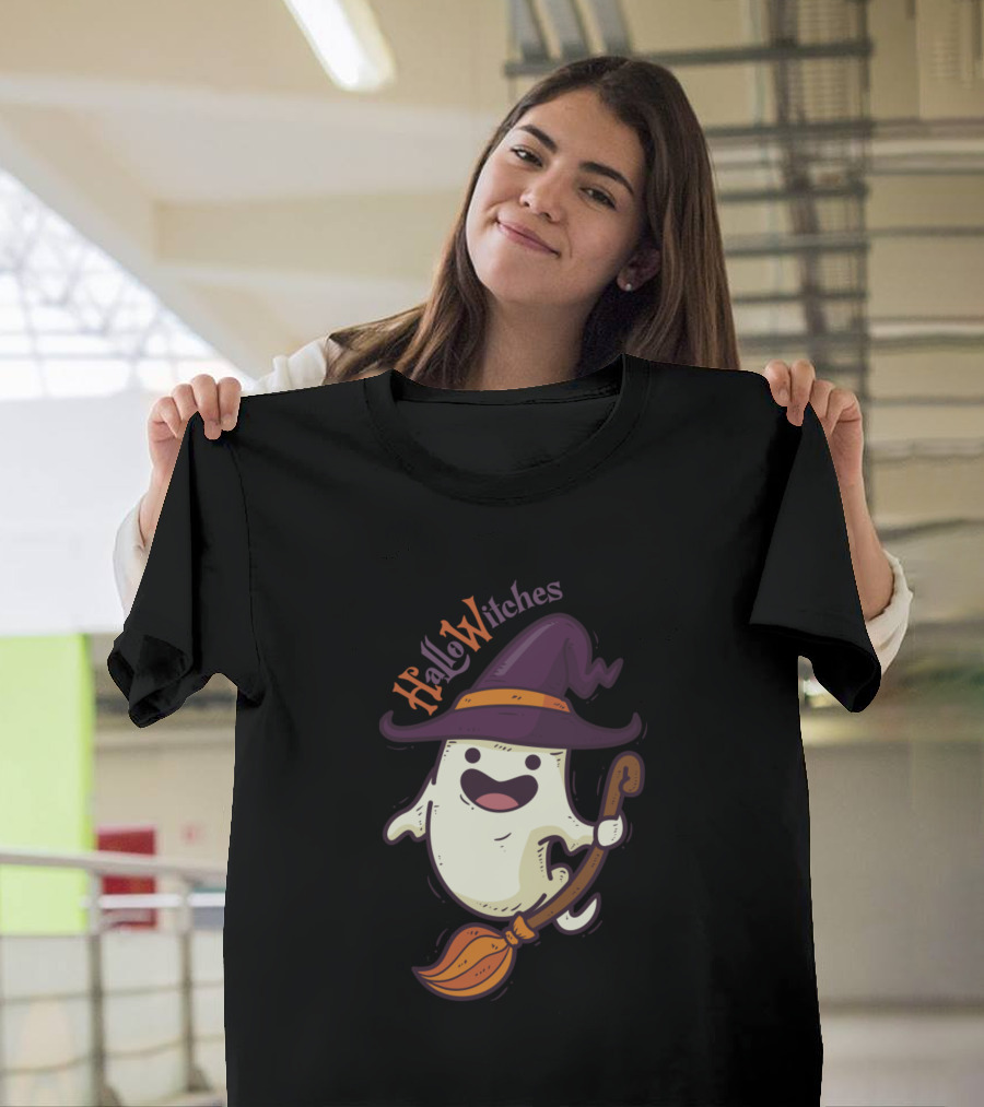 Hallo Witches Halloween Day Ghost with Witch Hat and Broomstick T-Shirt