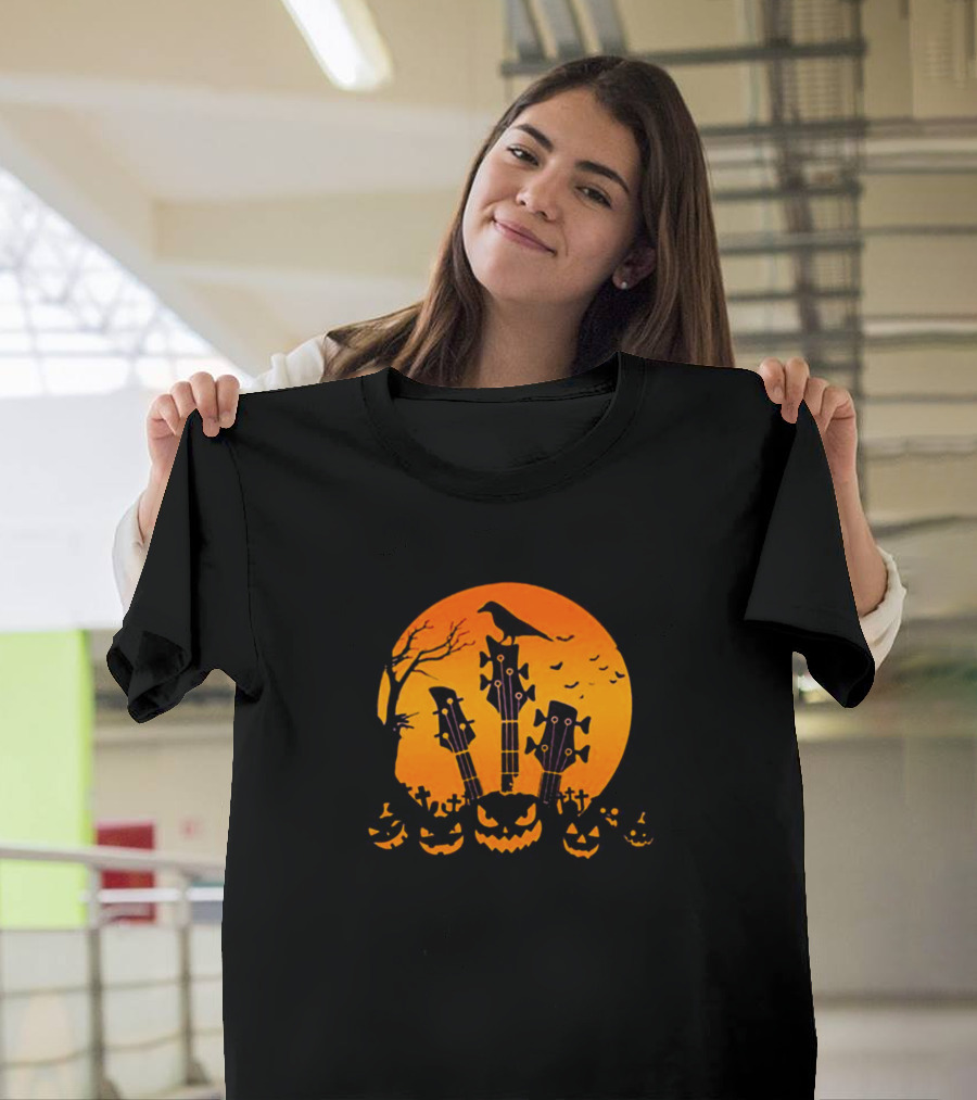 Halloween Guitar Headstock Jack-O'-Lantern Moon Ravens T-Shirt