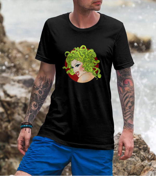 The Divine Medusa With Snake Hair And Red Circle Background T-Shirt