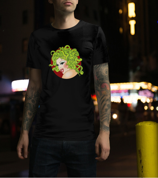 The Divine Medusa With Snake Hair And Red Circle Background T-Shirt