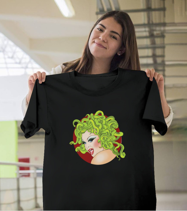 The Divine Medusa With Snake Hair And Red Circle Background T-Shirt