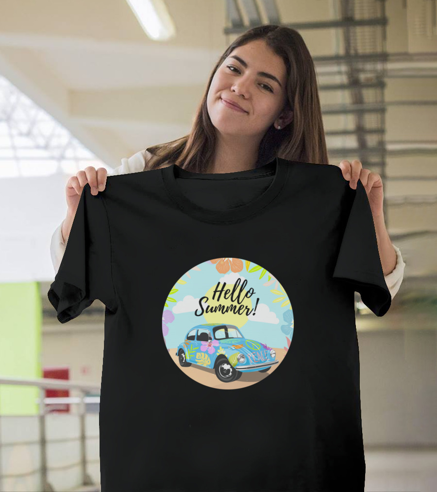Hello Summer Peace Sign Floral Car Retro Vibes T-Shirt