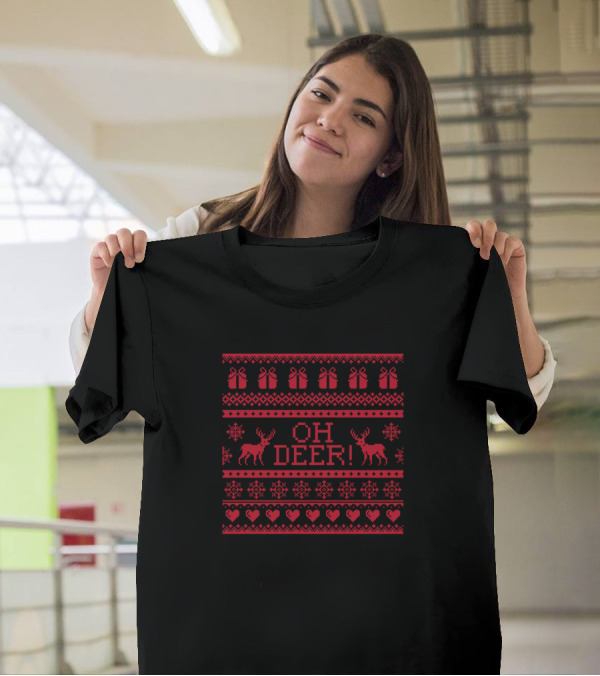 OH DEER Funny Christmas Sweater Reindeer Snowflakes Hearts Gifts T-Shirt