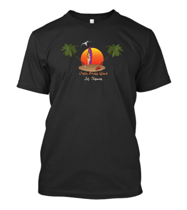 Tropical Sunset Surfer Outer Brass Island St Thomas Palms And Seagull T-Shirt