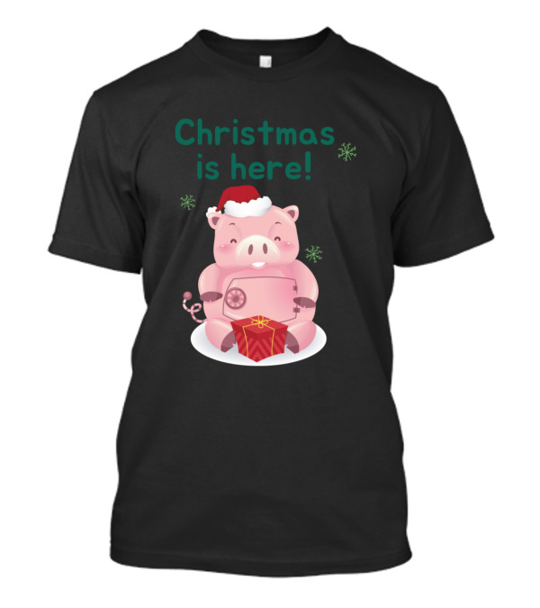 Christmas Is Here Merry Pig With Santa Hat And Present T-Shirt