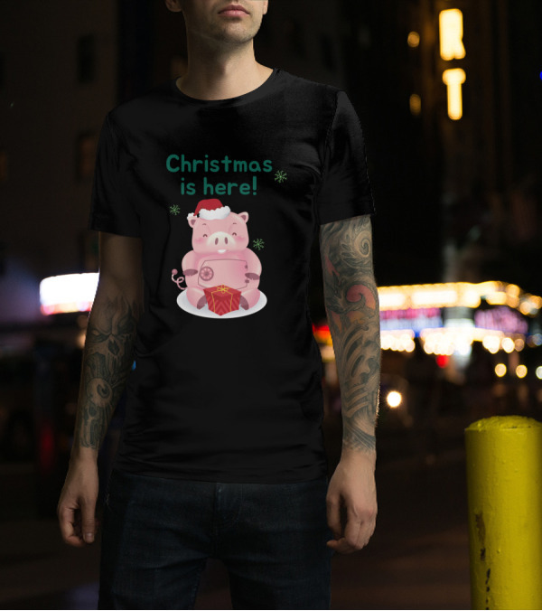 Christmas Is Here Merry Pig With Santa Hat And Present T-Shirt