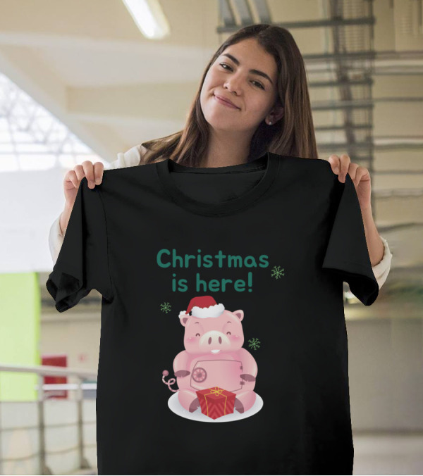 Christmas Is Here Merry Pig With Santa Hat And Present T-Shirt