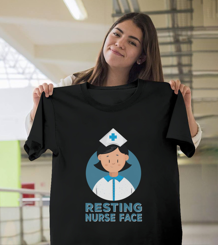 Resting Nurse Face with Cartoon Nurse Blue Cross Hat T-Shirt