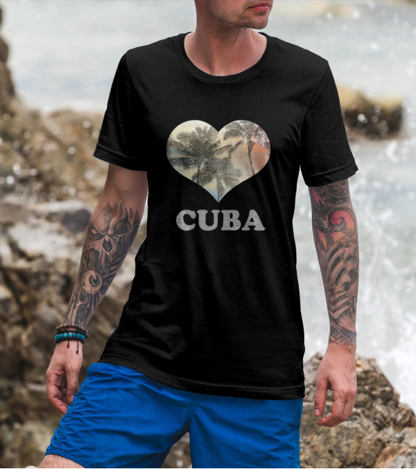 Cuba Heart Palm Tree Souvenir Vacation Beach Scene T-Shirt