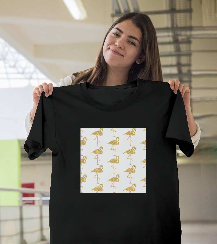Fun White Glam Gold Flamingo Neck Gaiter T-Shirt