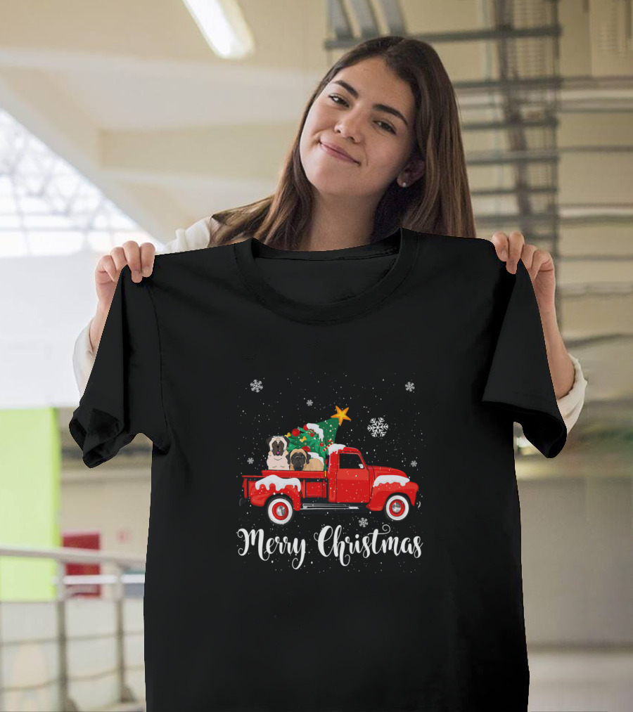 Merry Christmas Funny Mastiff Ride Red Truck Snowflakes Christmas Tree T-Shirt