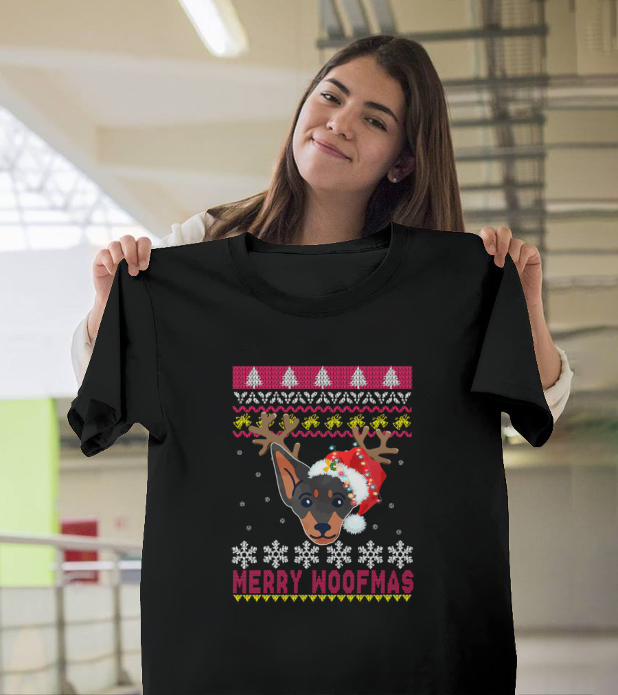 Merry Woofmas German Pinscher Antlers Santa Hat Snowflakes Festive Knit T-Shirt