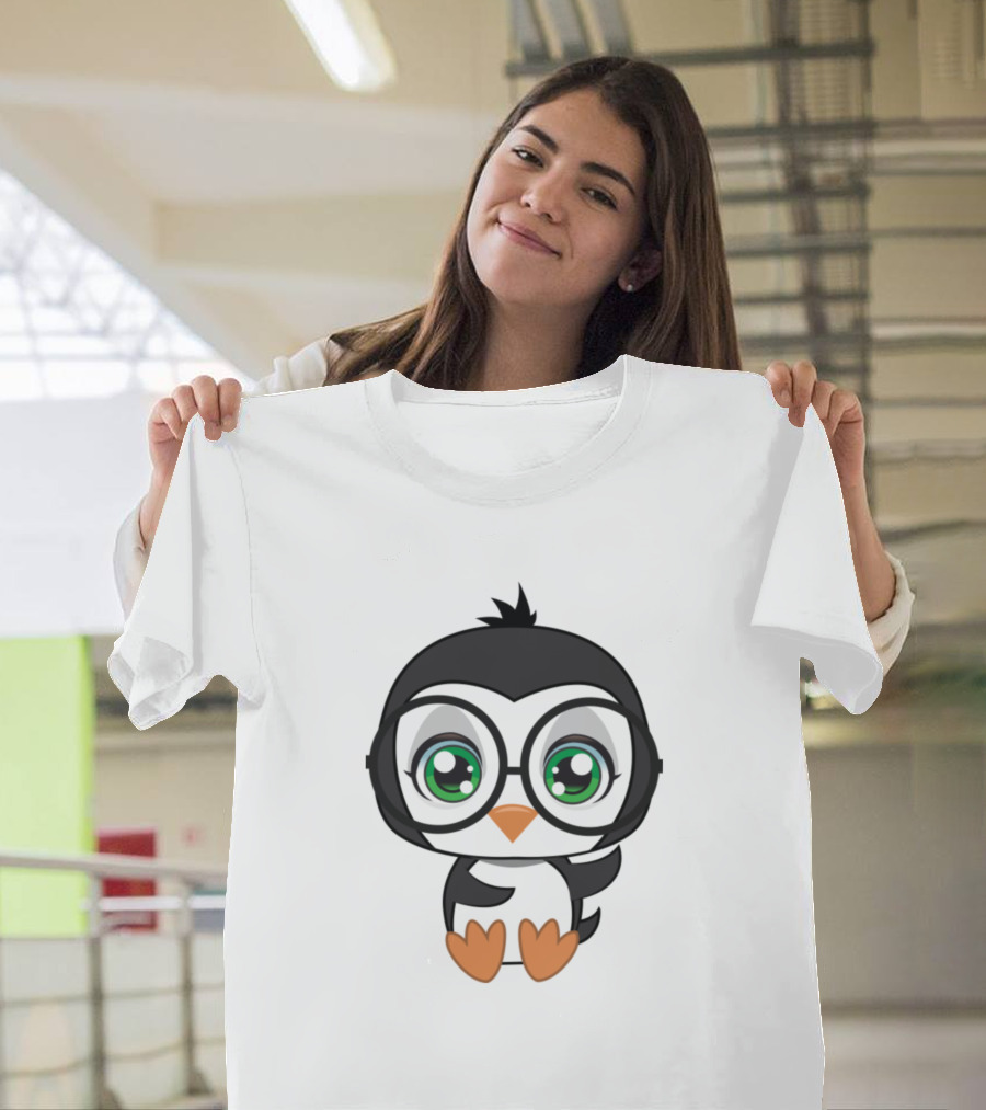 Penguin Animal With Glasses Cute Lovely Wonderful Adorable Green-Eyed Cartoon Character T-Shirt