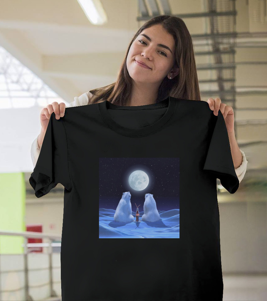 Polar Bears Under Full Moon with Cola in Snowy Landscape T-Shirt
