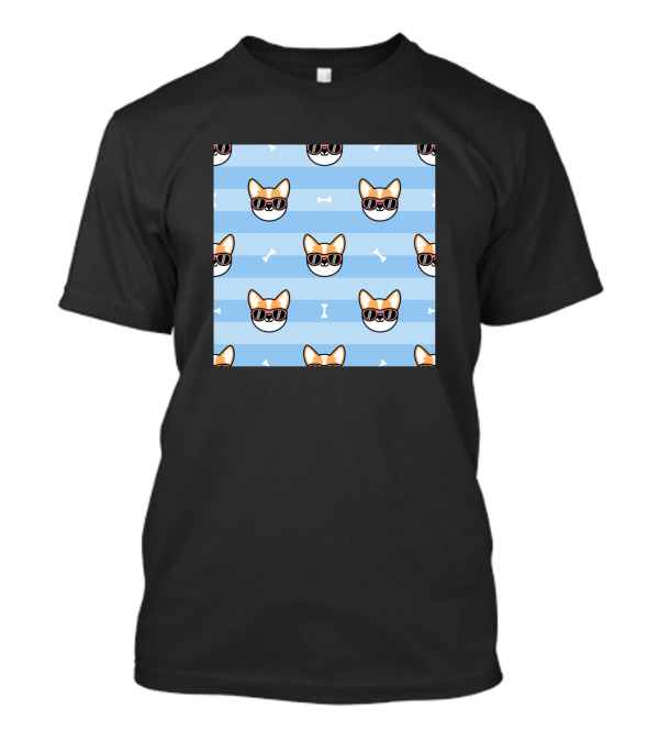 Corgi Sunglasses Pattern With Bones On Blue Stripes T-Shirt