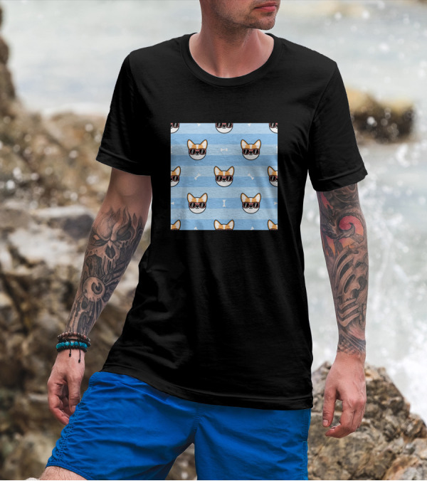 Corgi Sunglasses Pattern With Bones On Blue Stripes T-Shirt