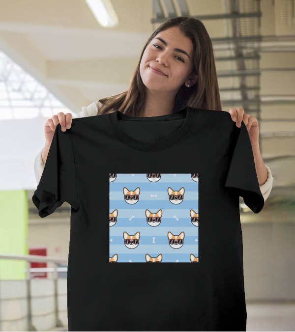 Corgi Sunglasses Pattern With Bones On Blue Stripes T-Shirt
