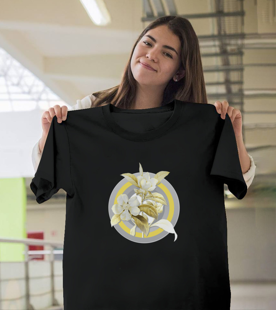 Botanical Illustration Golden Guinea Vine Gray Floral Circle T-Shirt