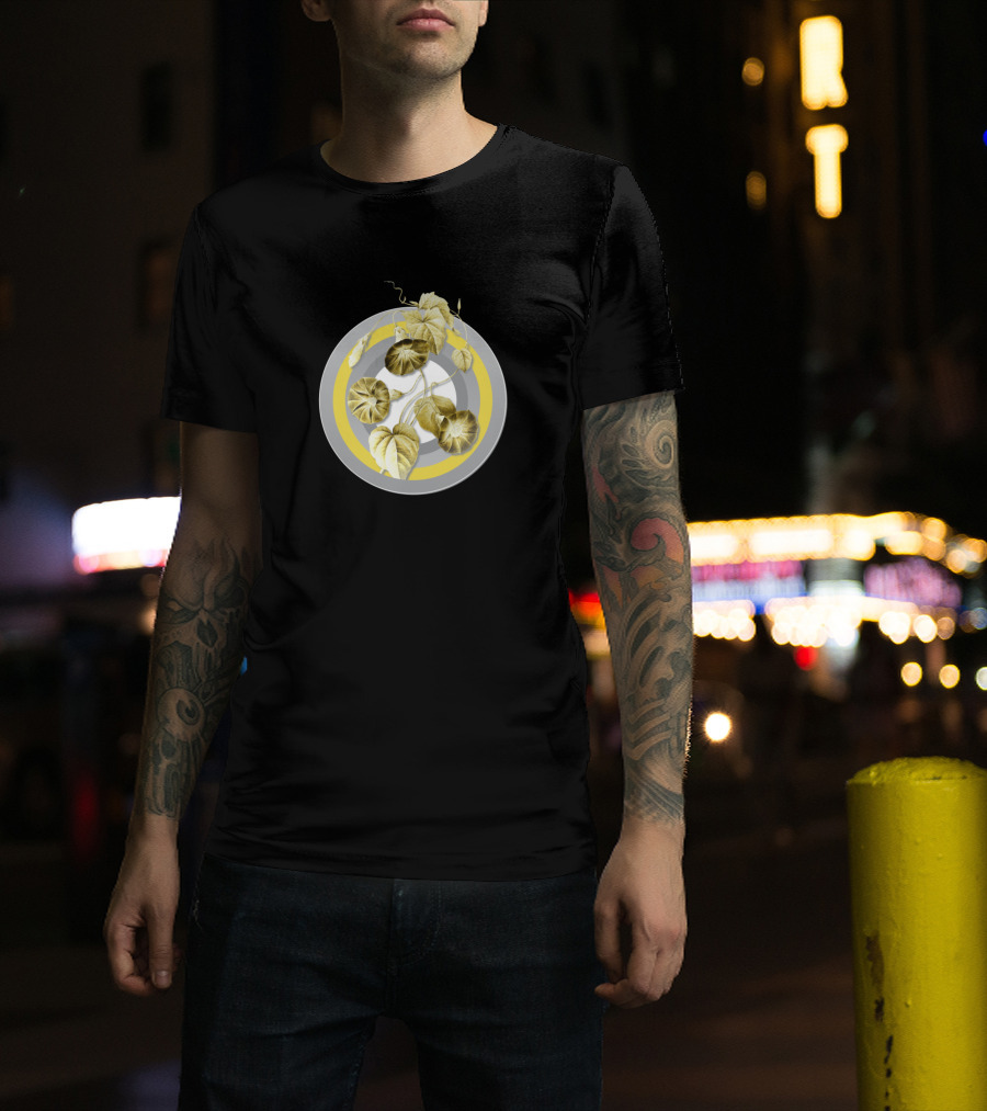 Botanical Illustration Morning Glory Circle In Gray And Yellow T-Shirt