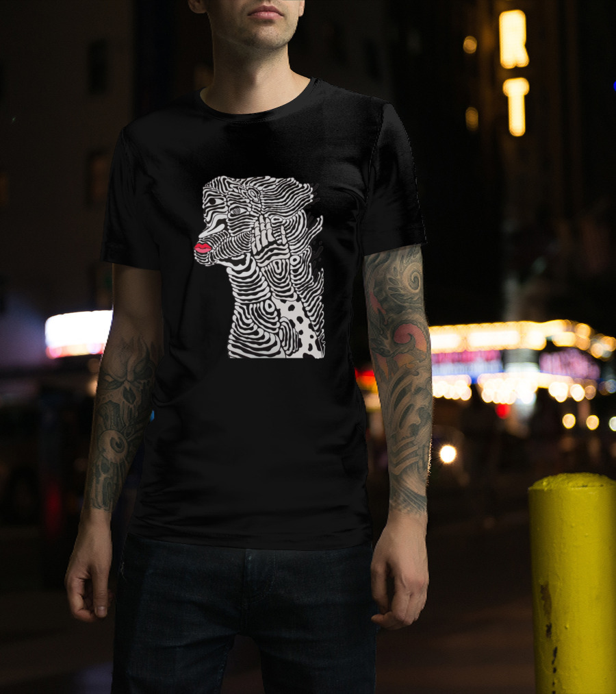Caress Patterned Abstract Face With Red Lips T-Shirt