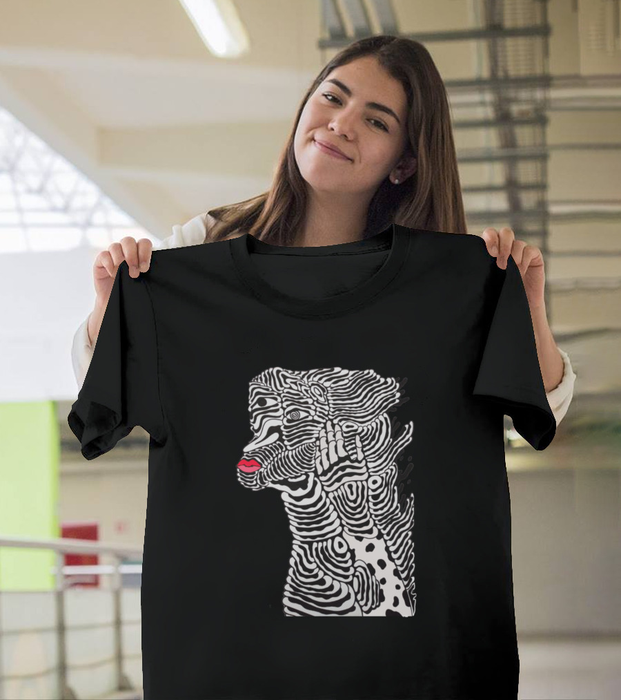 Caress Patterned Abstract Face With Red Lips T-Shirt
