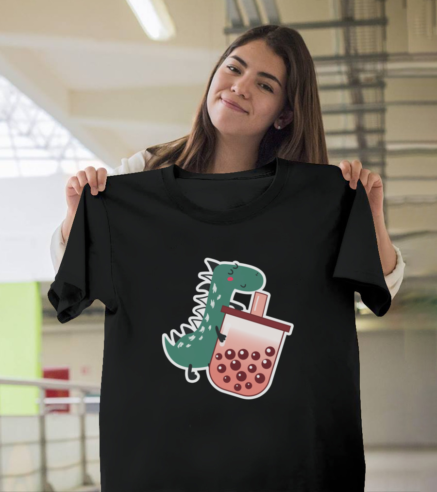 Cute Dino Hugging Boba Tea Drink T-Shirt