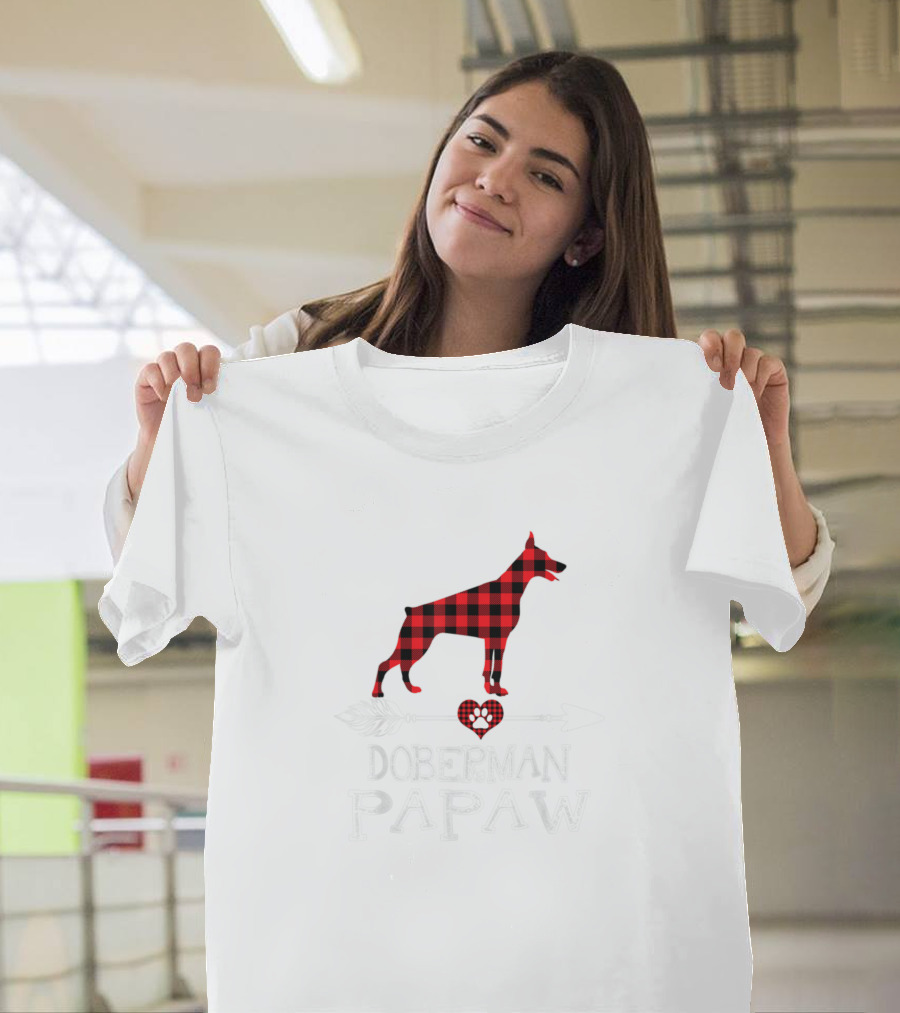 Doberman Papaw Red Plaid Dog Dad with Arrow and Heart T-Shirt
