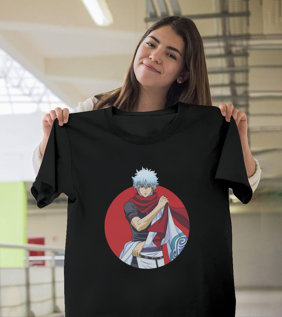 Gintama Sakata Gintoki Red Circle Scarf White Hair Character T-Shirt