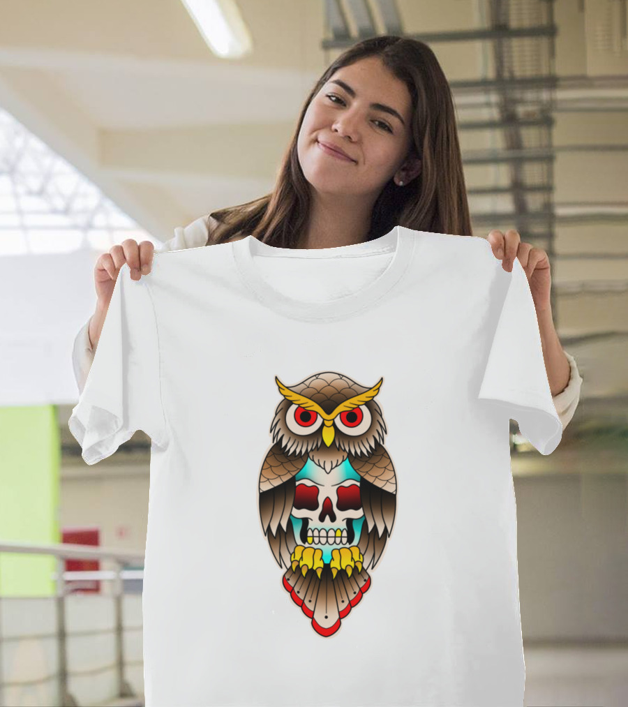 Owl With Bold Eyes and Vibrant Skull Elements T-Shirt