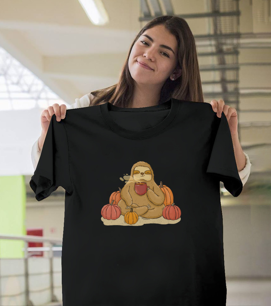 Sloth Relaxing with Coffee Surrounded by Pumpkins T-Shirt