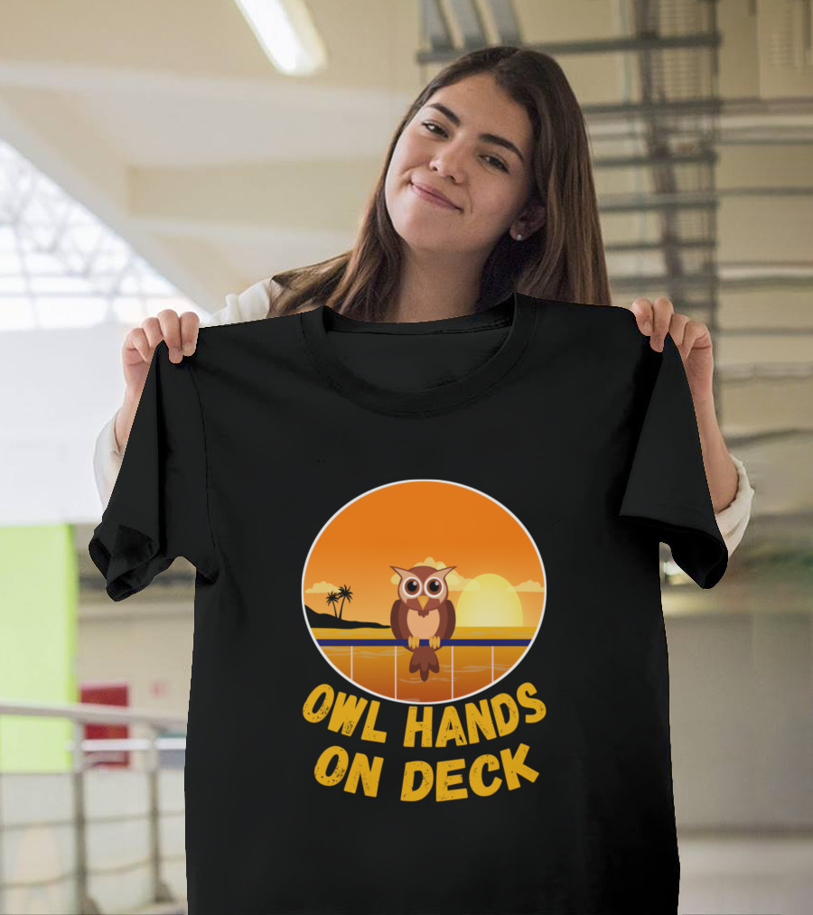 Owl Hands On Deck Sunset Palm Beach Scene T-Shirt