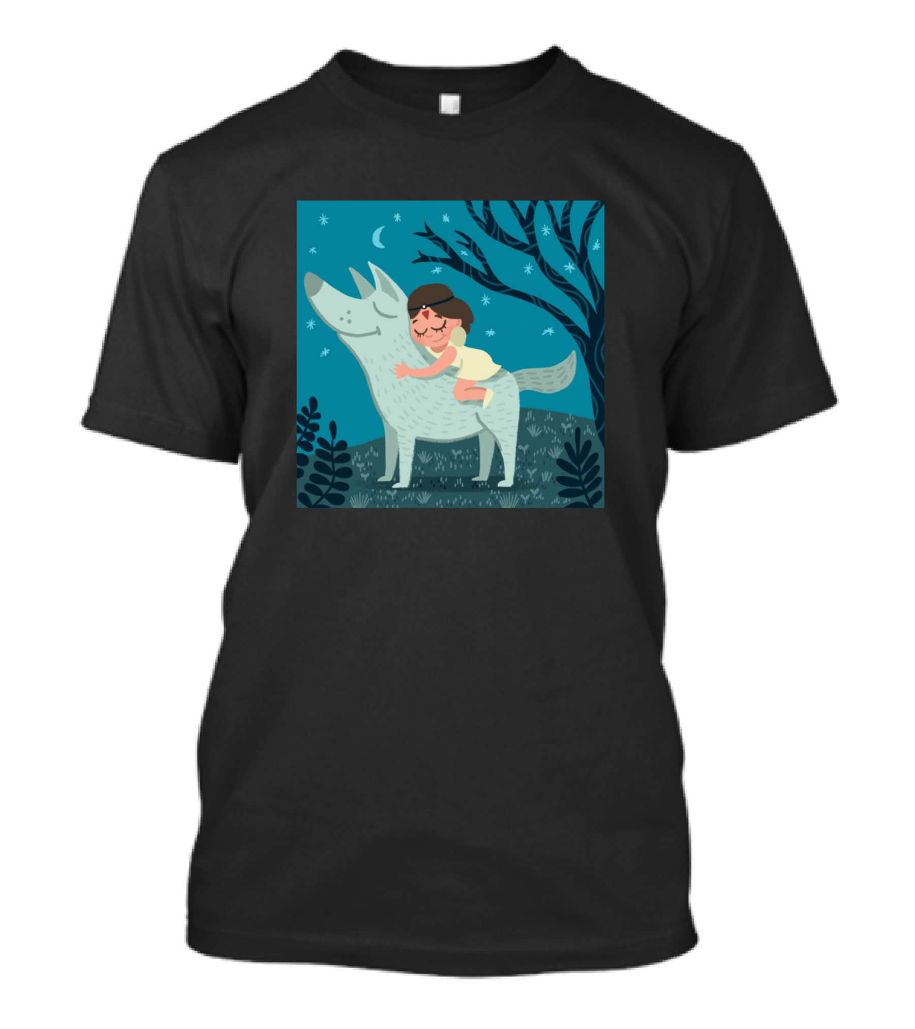 Princess Moonlit Night Hugging Wolf Dream Scene T-Shirt