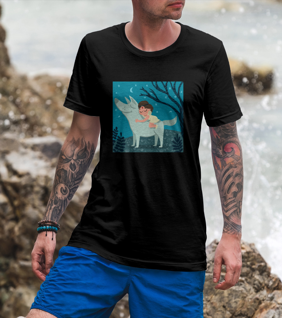 Princess Moonlit Night Hugging Wolf Dream Scene T-Shirt