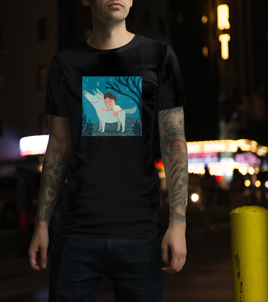 Princess Moonlit Night Hugging Wolf Dream Scene T-Shirt