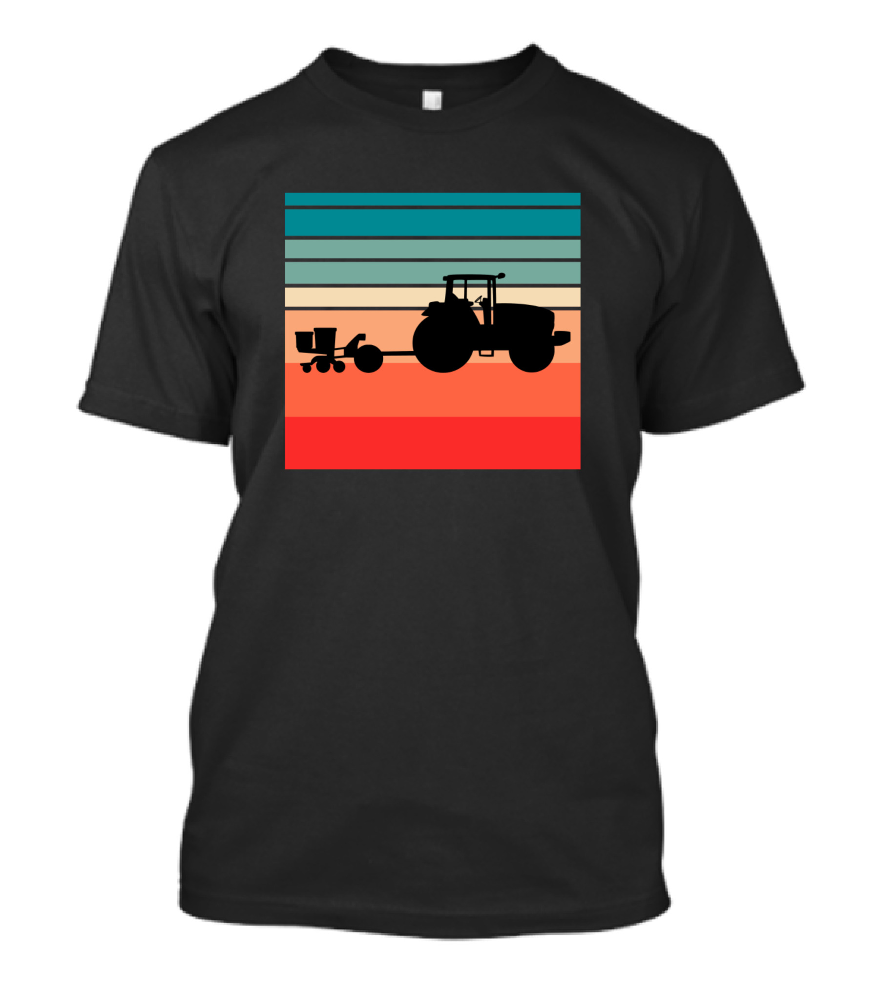 Retro Silhouette Tractor With Planter And Colorful Stripes Background T-Shirt