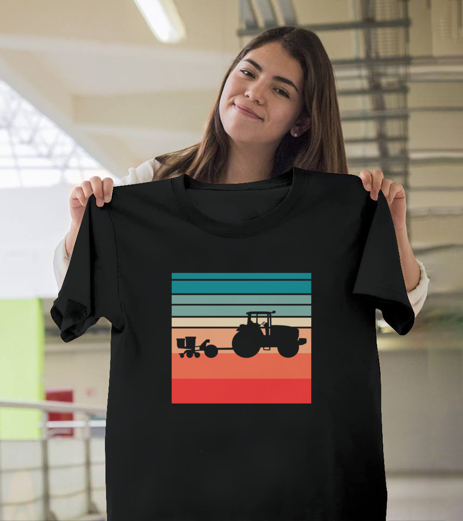 Retro Silhouette Tractor With Planter And Colorful Stripes Background T-Shirt
