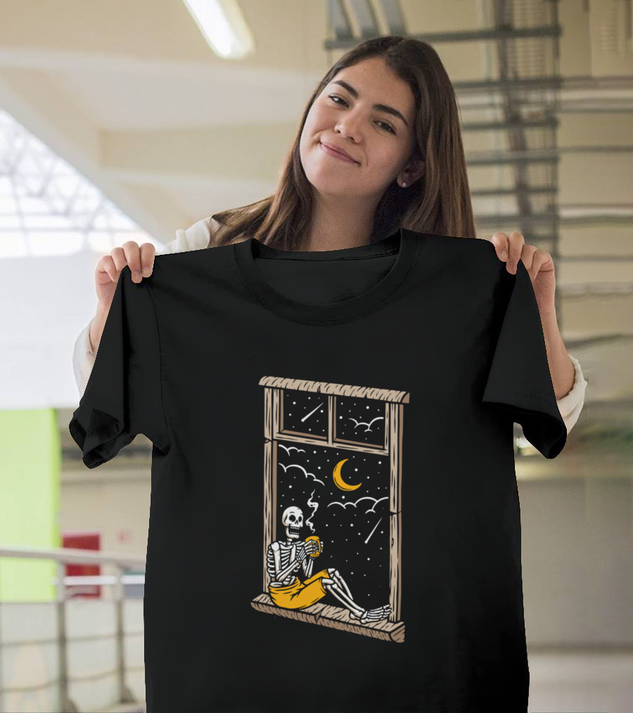 Skull Skeleton Relaxing at Window with Coffee Under Night Sky T-Shirt