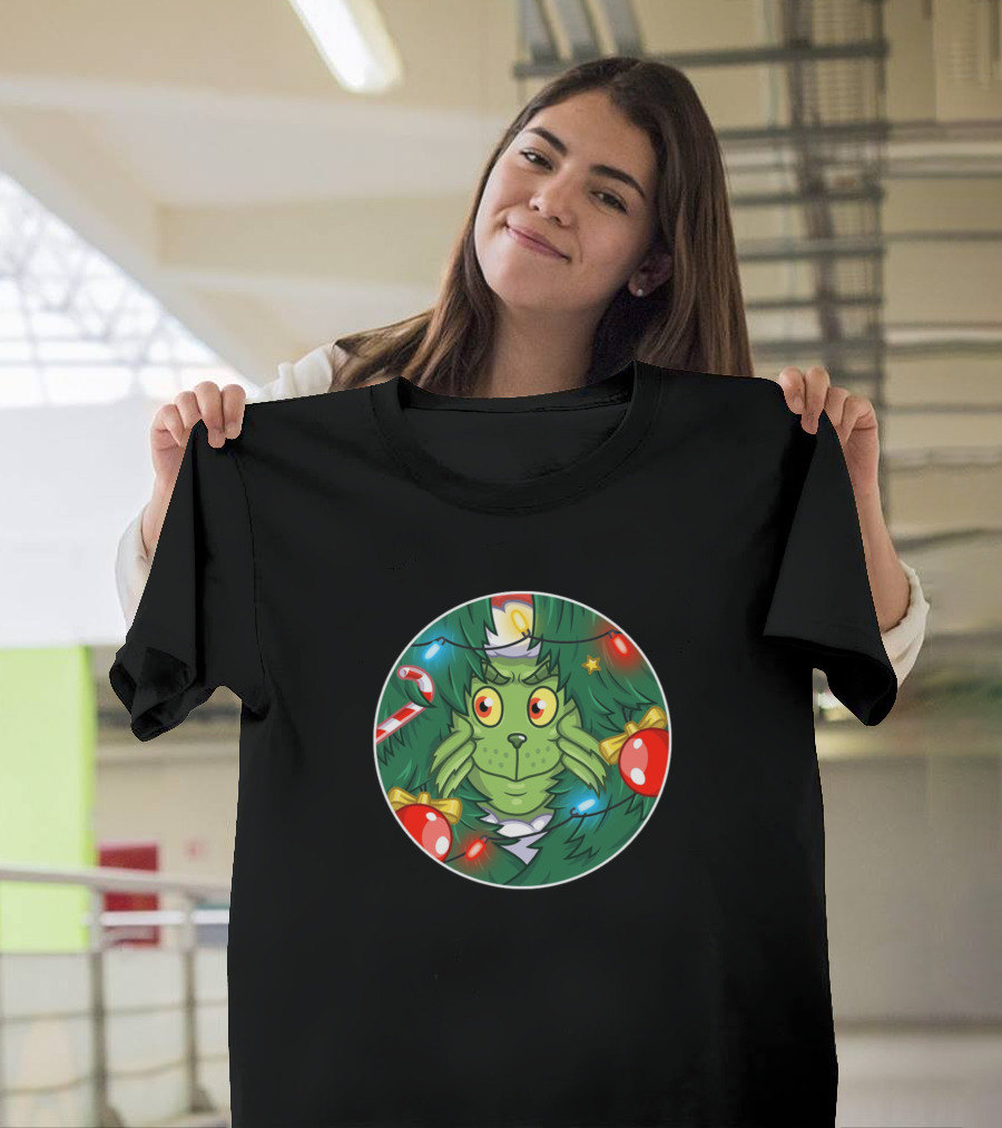 Grinch-Inspired Christmas Tree Lights and Decorations Peeking Through Branches T-Shirt