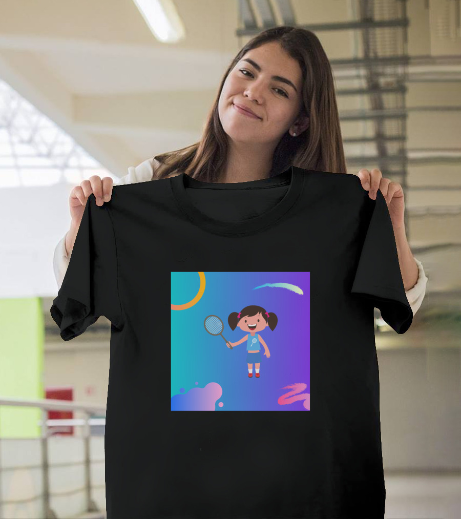 Badminton Girl Cartoon Character with Racket on Vibrant Background T-Shirt