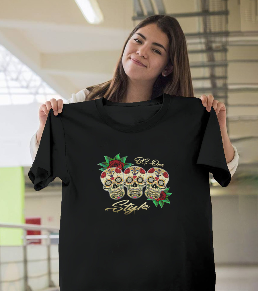 BC One Style Sugar Skull Trio with Red Roses T-Shirt