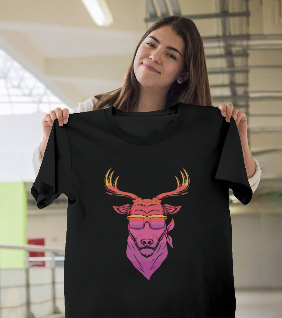 Cool Animal Deer with Gradient Sunglasses and Bandana T-Shirt